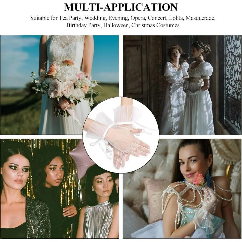 Women's Tulle Long Keeper Bow Lace Gloves White Opera Bridal Wedding Party Tea